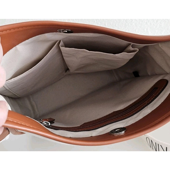 RAE DUNN BE KIND Shoulder Strap Satchel Tan Canvas Brown Leather - Very Clean - Picture 10 of 13